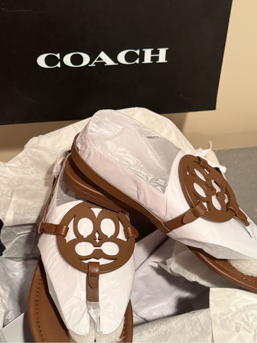 NWT COACH Brown Leather Logo Cutout Thong Sandals - Women's size 9